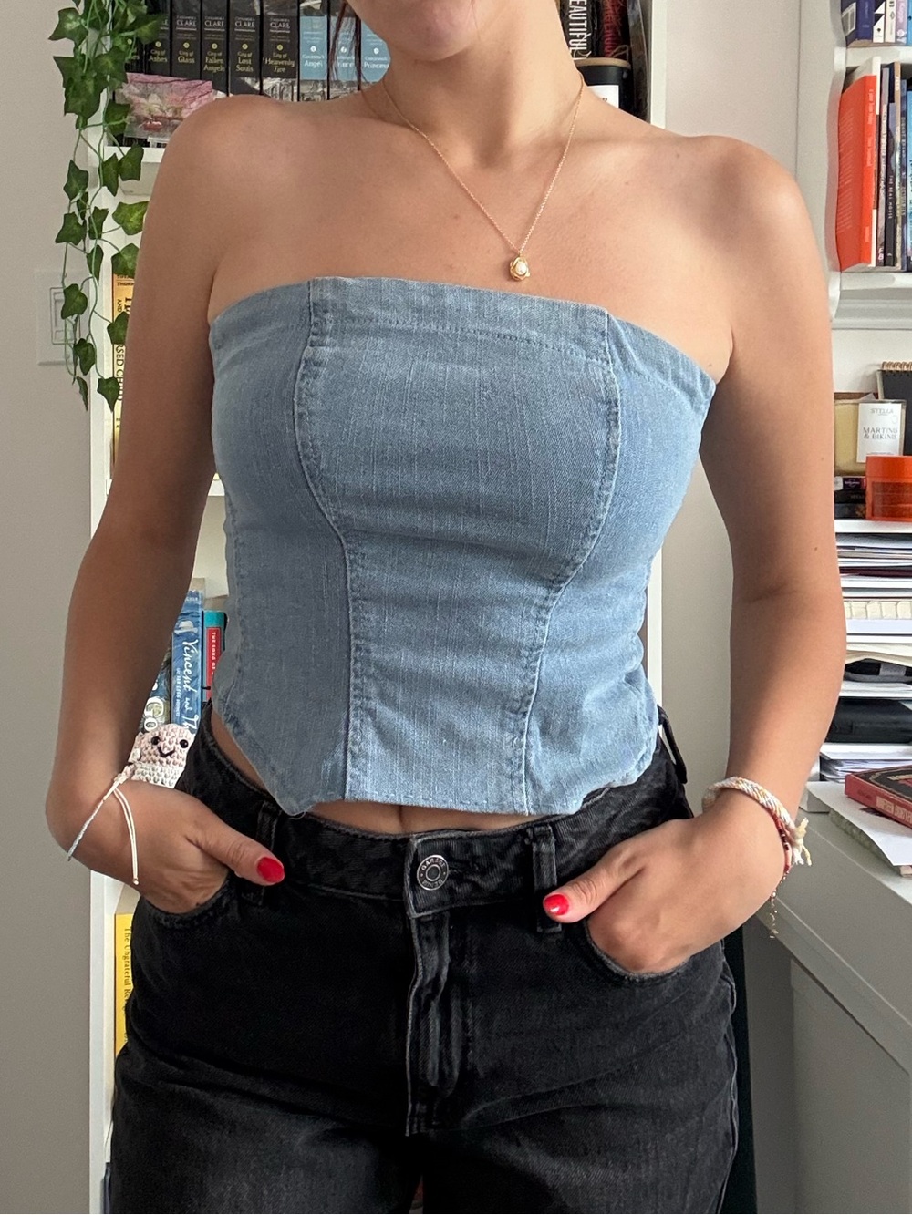 SHEIN Light Blue Denim Strapless Corset Crop Top